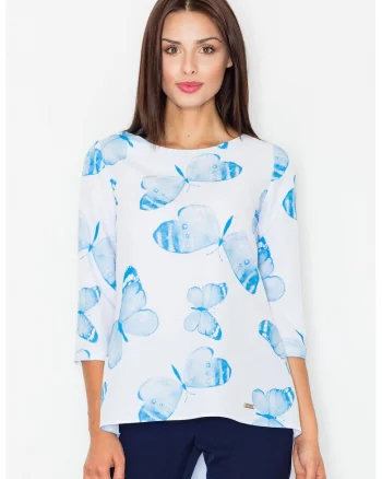 Bluza dama Fluturi,  Poliester, Alb/Albastru