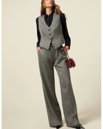 Pantaloni cu croiala ampla si model Herringbone, Negru/Alb murdar