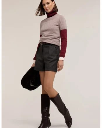 Pantaloi scurti cu talie inalta, Maro cognac/Negru/Gri inchis