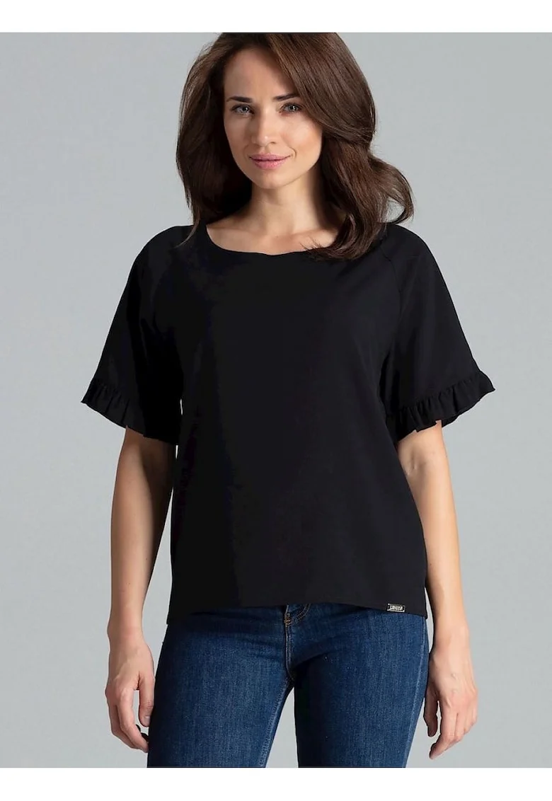 Bluza dama  neagra, maneci scurte, decolteu semicircular, volan delicat, poliester.