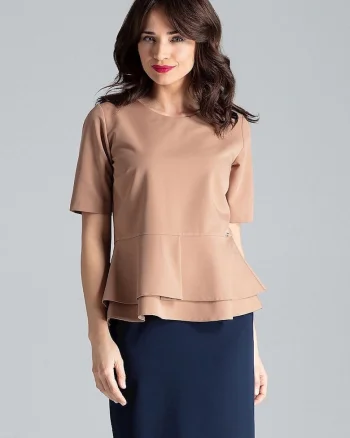 Bluza dama,  cu maneci scurte, decolteu semicircular, bascul dublu, maro, poliester 65% - viscoza 35%,