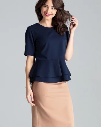 Bluza dama  bleumarin, cu decolteu semicircular, fermoar ascuns, bascul dublu, poliester 65% - viscoza 35%
