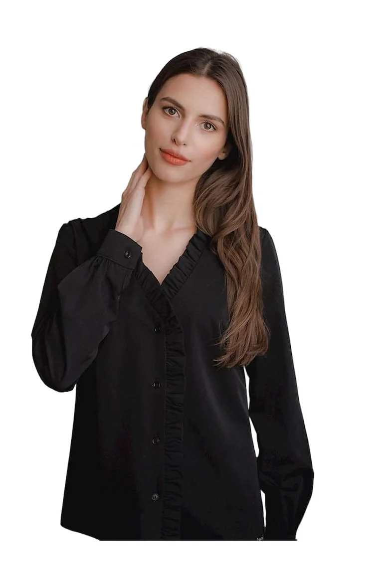 Camasa dama,  neagra, cu decolteu in forma de inima, garnitura cu volane, maneci lungi