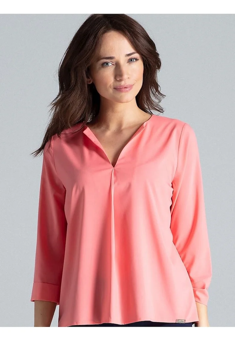 Bluza dama,  roz, maneci lungi, decolteu in V, poliester