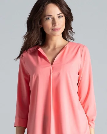 Bluza dama,  roz, maneci lungi, decolteu in V, poliester