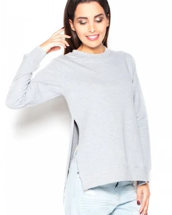 Bluza dama  gri, bumbac, maneci lungi, fante laterale