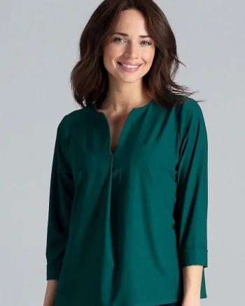 Bluza dama,  simpla, cu decolteu in V, verde, poliester