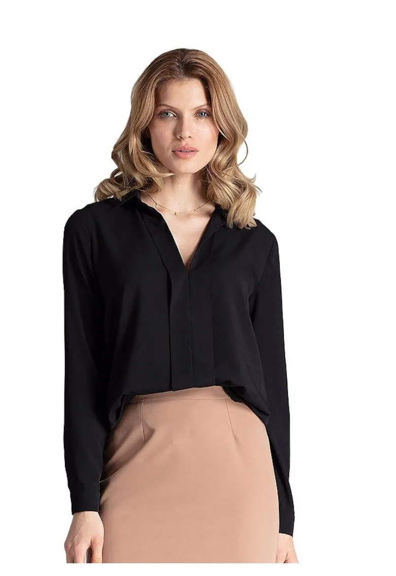 Bluza eleganta  M621, negru, guler decorativ, poliester/viscoza, maneci lungi