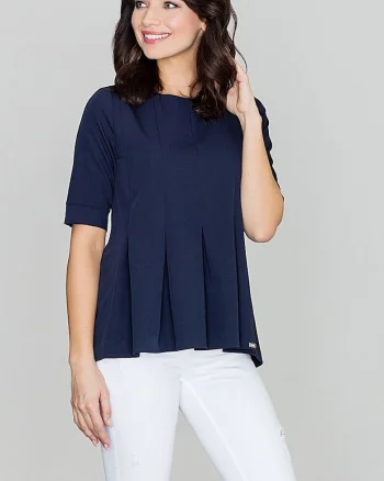 Bluza dama,  bleumarin, maneci scurte, decolteu rotund, poliester 65%, viscoza 35%