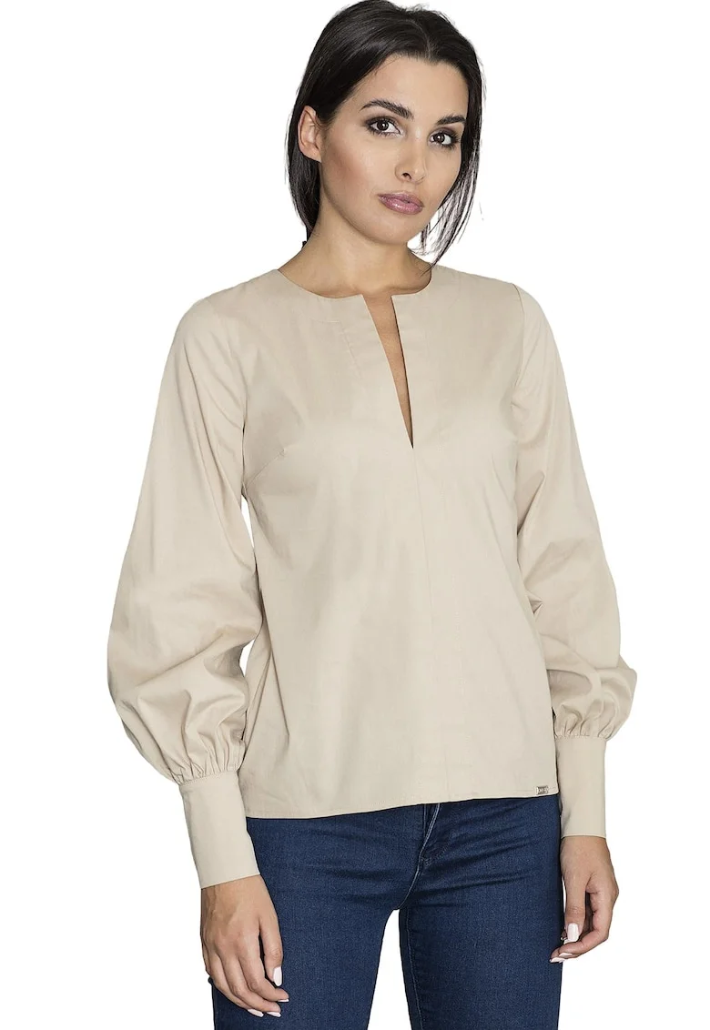 Bluza eleganta de dama  M561, cu maneci bufante, bej, bumbac si poliester,