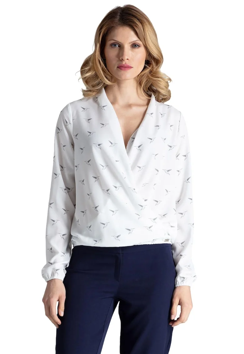 Bluza eleganta  M371, imprimeu cu pasari, alb, poliester
