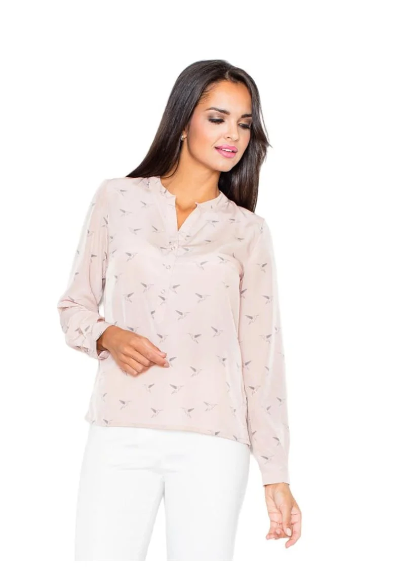 Camasa eleganta  M254 fara guler, motiv animale, roz, poliester