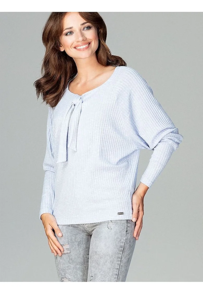 Bluza dama  albastra, tricotata, maneci lungi, decolteu cu papion, viscoza