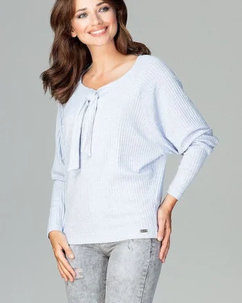 Bluza dama  albastra, tricotata, maneci lungi, decolteu cu papion, viscoza
