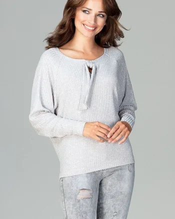 Bluza dama  gri, tricotata, maneci lungi, decolteu cu papion, material viscoza