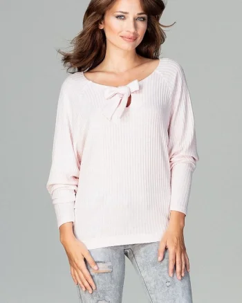 Bluza dama,  roz, tricotata, maneci lungi, decolteu cu papion, viscoza