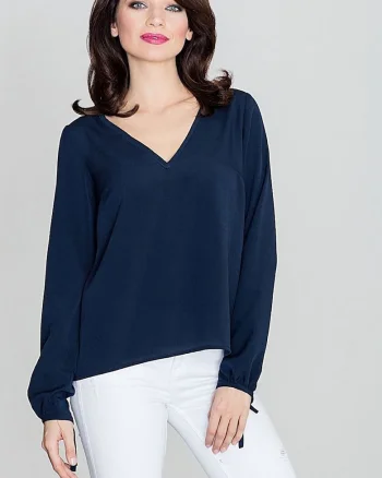 Bluza dama  bleumarin, maneci lungi innodate, decolteu mic, cravata spate, poliester