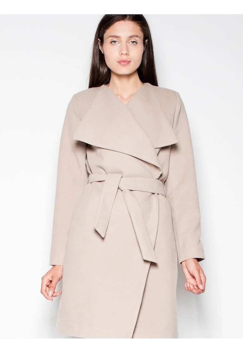 Palton dama  elegant, cu guler raspandit, bej, poliester 80% - viscoza 20%