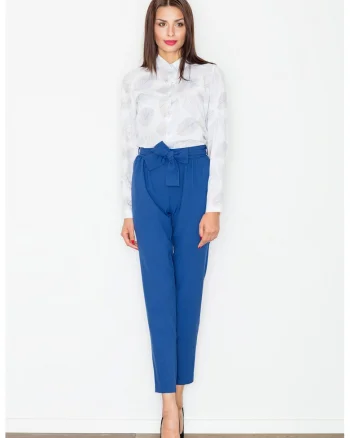 Pantaloni dama  skinny, bleumarin, cu cravata in talie,