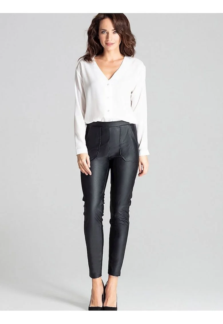 Pantaloni dama,  piele ecologica, buzunare mari, negru