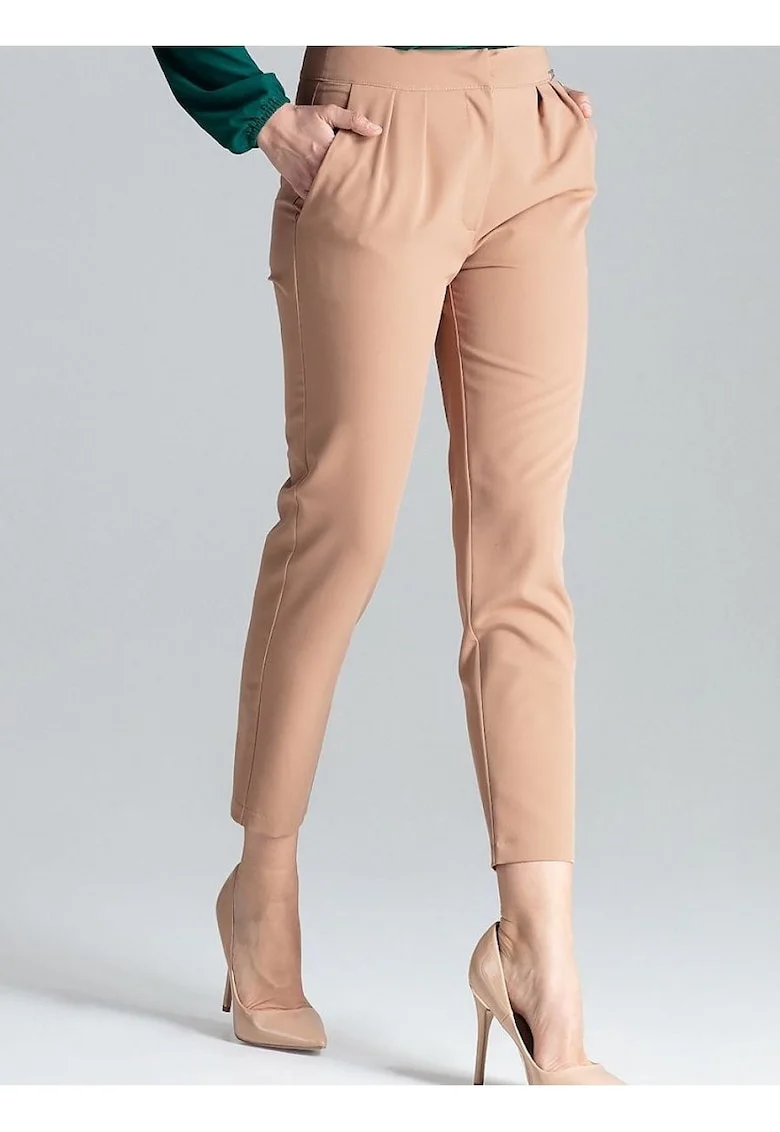 Pantaloni dama  7/8, cu pliuri, bej, poliester/viscoza
