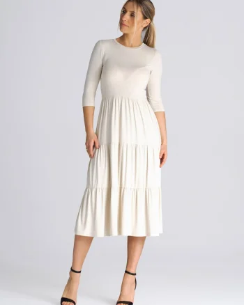 Rochie mulata  cu volane, bej, 3/4, viscoza