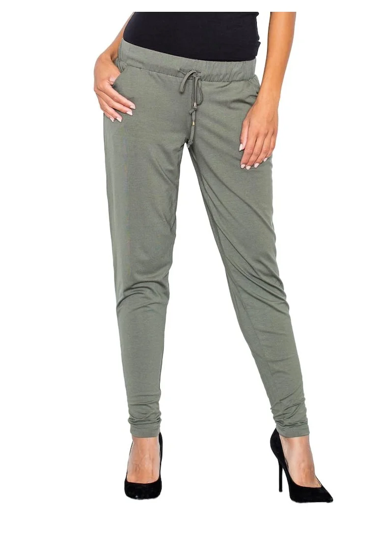 Pantaloni dama  M280, verde, viscoza/elastan, legati in talie, lejeri,