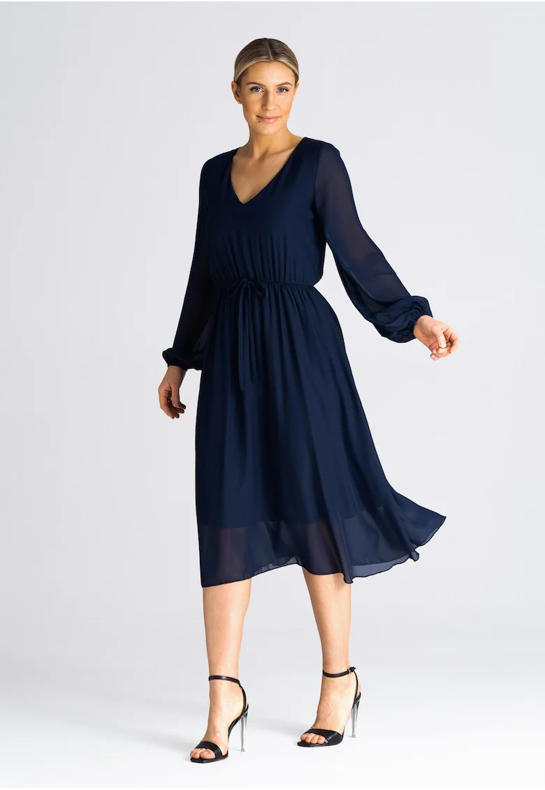 Rochie midi evazata,  bleumarin, cu maneci bufante, poliester
