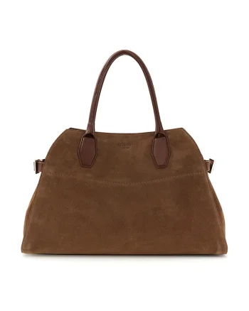 Geanta tote de piele intoarsa Liza, Maro inchis/Caramel