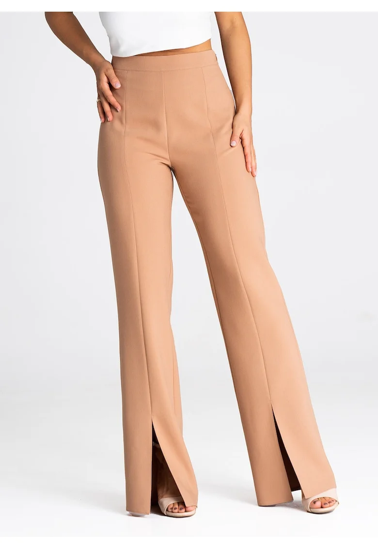 Pantaloni dama  M955, eleganti, cu talie inalta, plisati, maro, poliester, viscoza, elastan