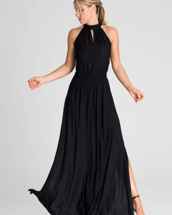 Rochie maxi eleganta  neagra, fara maneci, poliester,