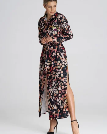 Rochie camasa maxi  guler floral, multicolor, poliester