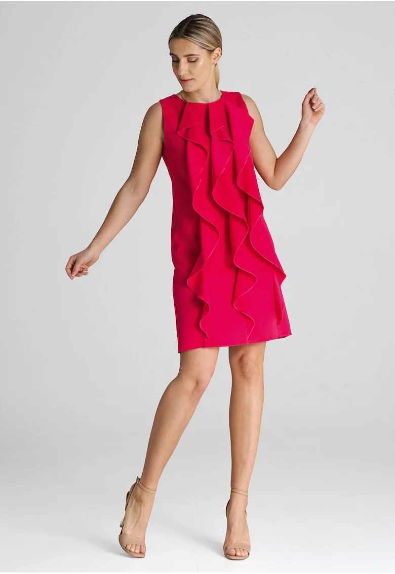 Rochie trapez  M1002, rosu, cu volane, 65% poliester, 35% viscoza