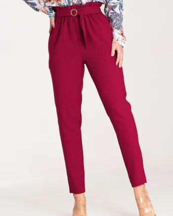 Pantaloni dama  eleganti, talie inalta, rosu, poliester,
