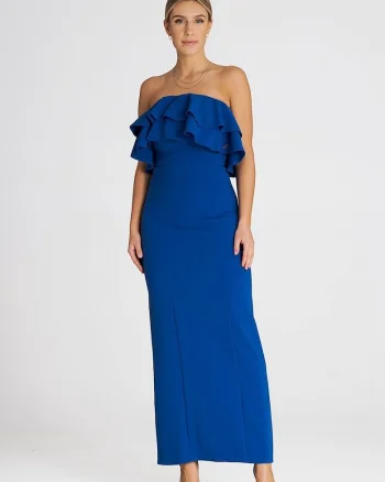 Rochie maxi  eleganta, volane duble, albastru, elastan, poliester, viscoza