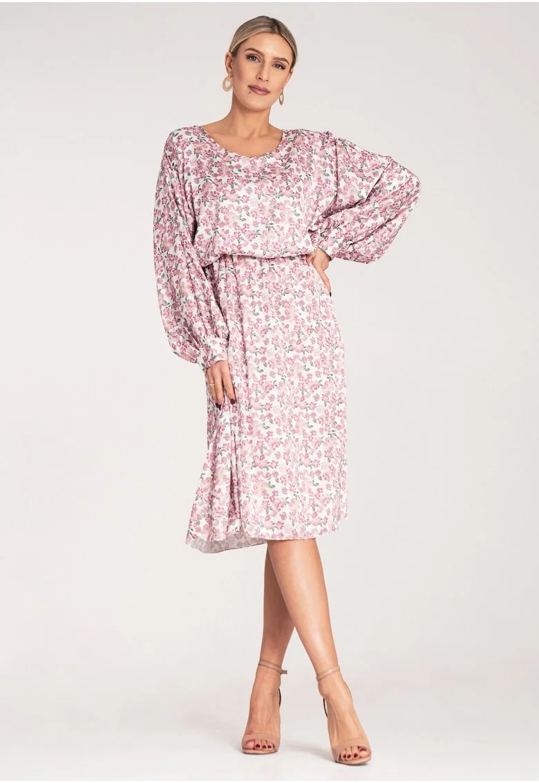 Rochie bufanta  maneci voluminoase, imprimeu floral, roz, poliester-elastan,