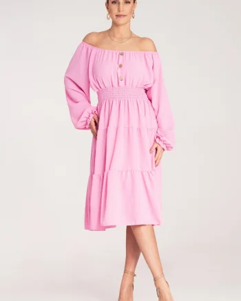 Rochie evazata,  cu volane, roz, poliester,
