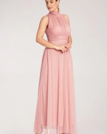 Rochie lunga de seara,  roz, material usor, poliester,