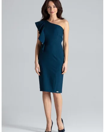 Rochie asimetrica  K488, cu volane, albastru, poliester 100%,