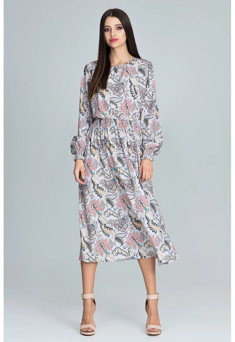 Rochie  M600 79, imprimeu floral, lungime midi, maneci lungi, multicolor, poliester,