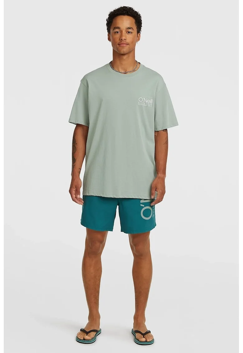 Pantaloni scurti de baie cu talie joasa si imprimeu logo, Verde persan