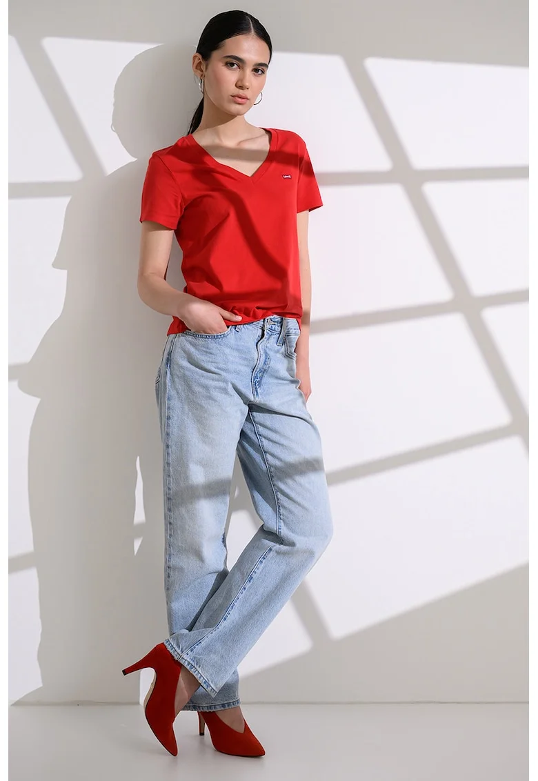 Tricou din bumbac cu decolteu in V si detaliu logo, Rosu/Rosu inchis