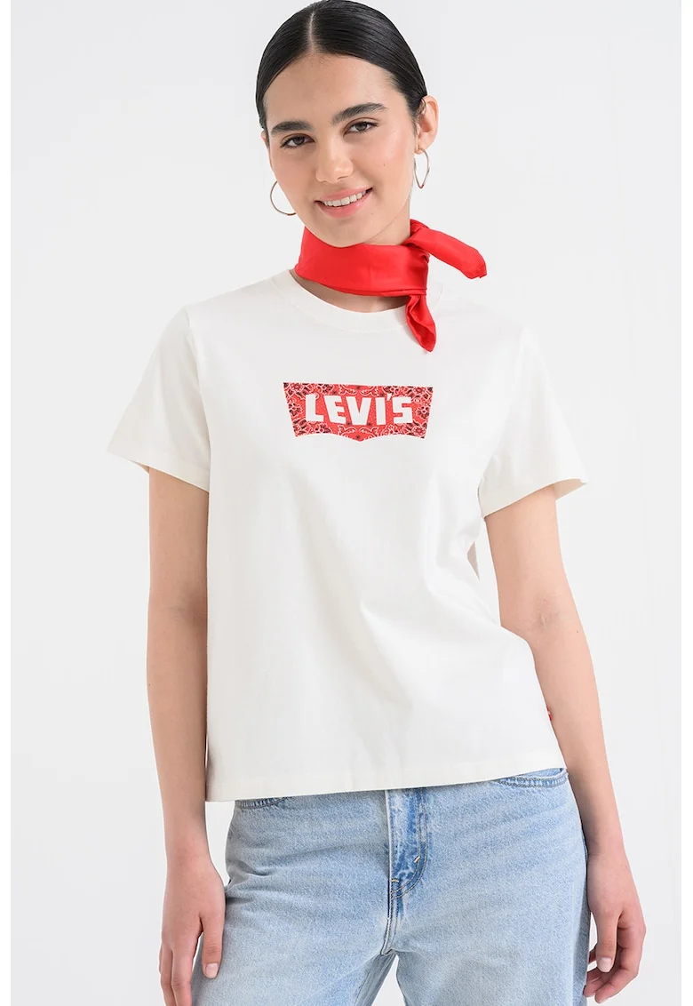 Tricou din bumbac cu decolteu la baza gatului, Rosu/Alb fildes