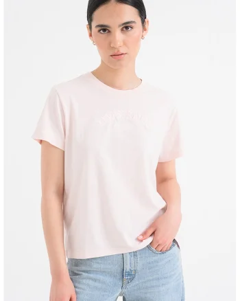Tricou din bumbac cu decolteu la baza gatului, Roz pastel