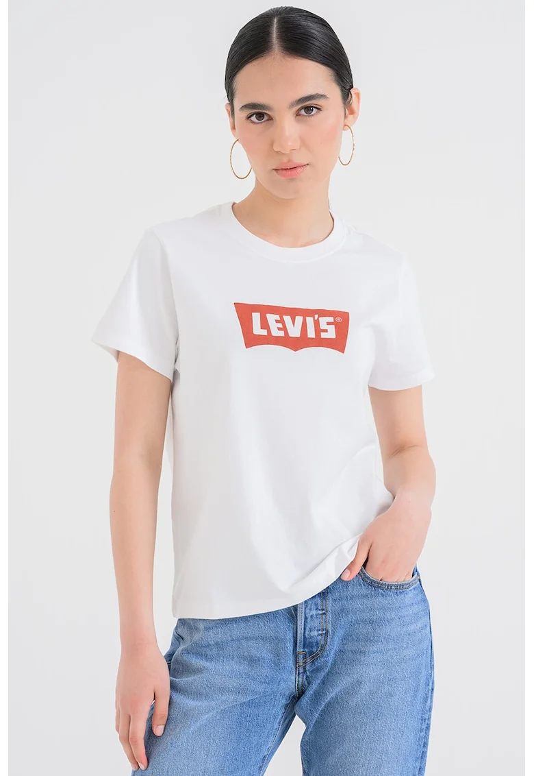 Tricou din bumbac cu decolteu la baza gatului, Alb/Rosu inchis