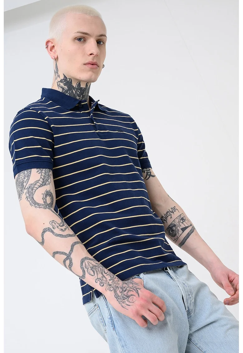 Tricou polo din bumbac pique cu dungi, Galben pai/Bleumarin