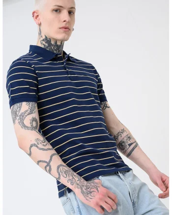 Tricou polo din bumbac pique cu dungi, Galben pai/Bleumarin