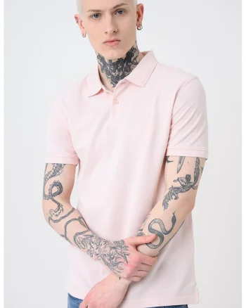Tricou polo din bumbac pique cu dungi, Roz pastel