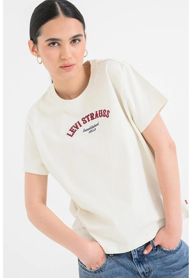 Tricou din bumbac cu decolteu la baza gatului, Alb/Visiniu