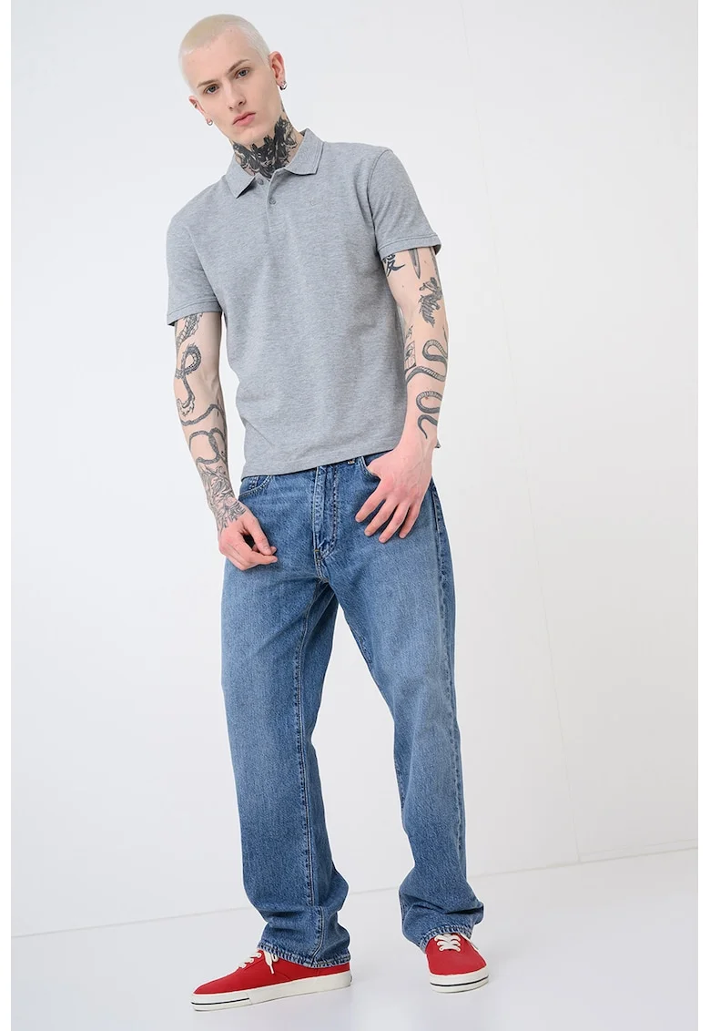 Tricou polo din bumbac pique cu dungi, Gri melange